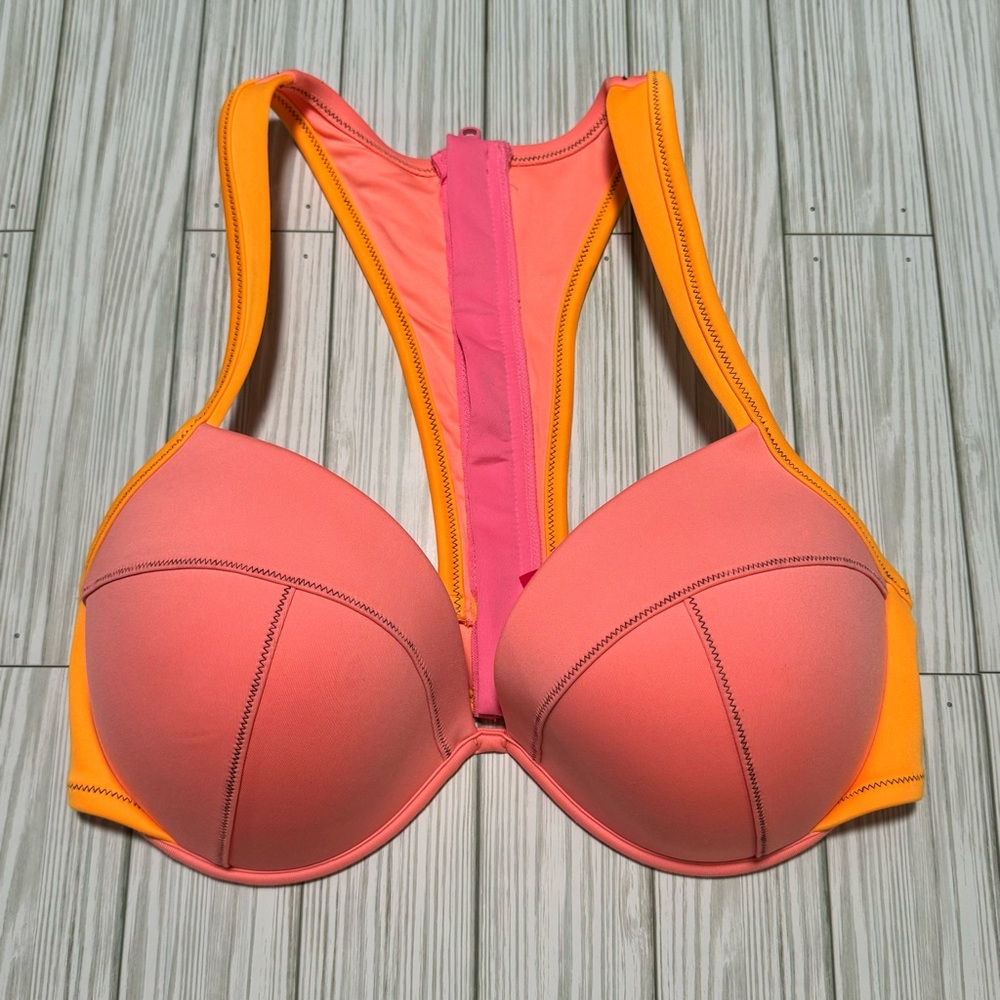 NEW Victoria’s Secret Swim Bikini Set Neoprene Orange Pink 36DD Sporty Zip - Picture 2 of 8